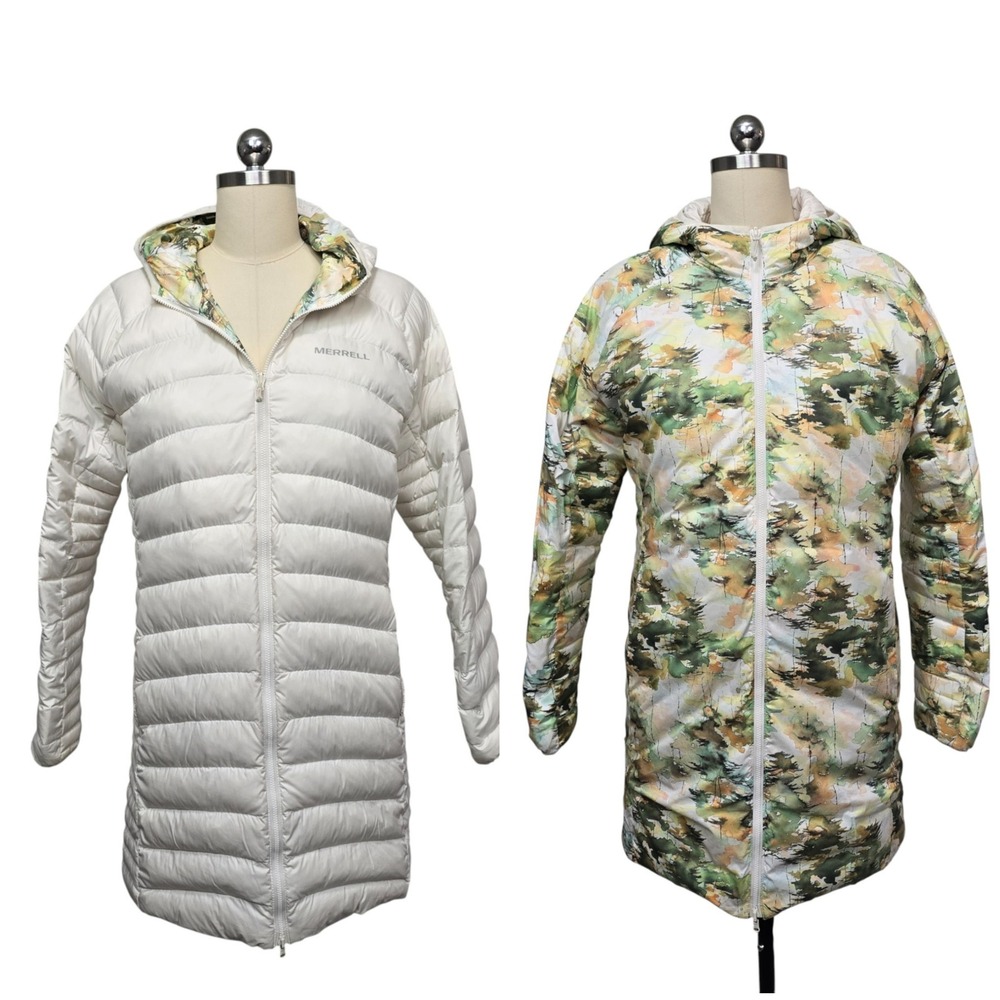 Merrell Reversible Hooded Puffer Coat Women's Watercolor Tree Print White Size S